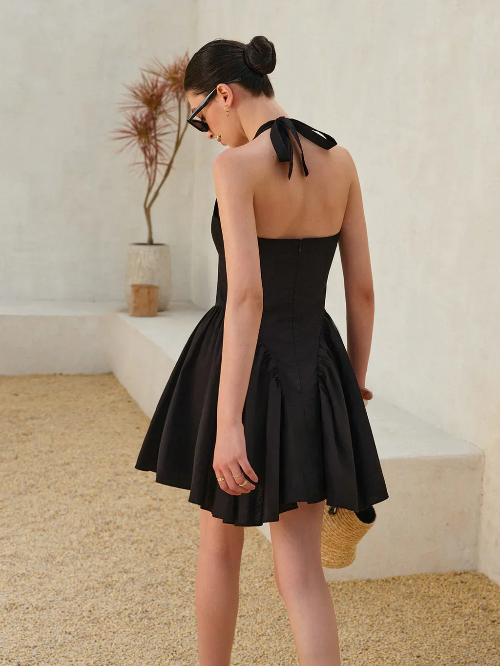 Timeless Black Bow Tie Pleated Halter Dress