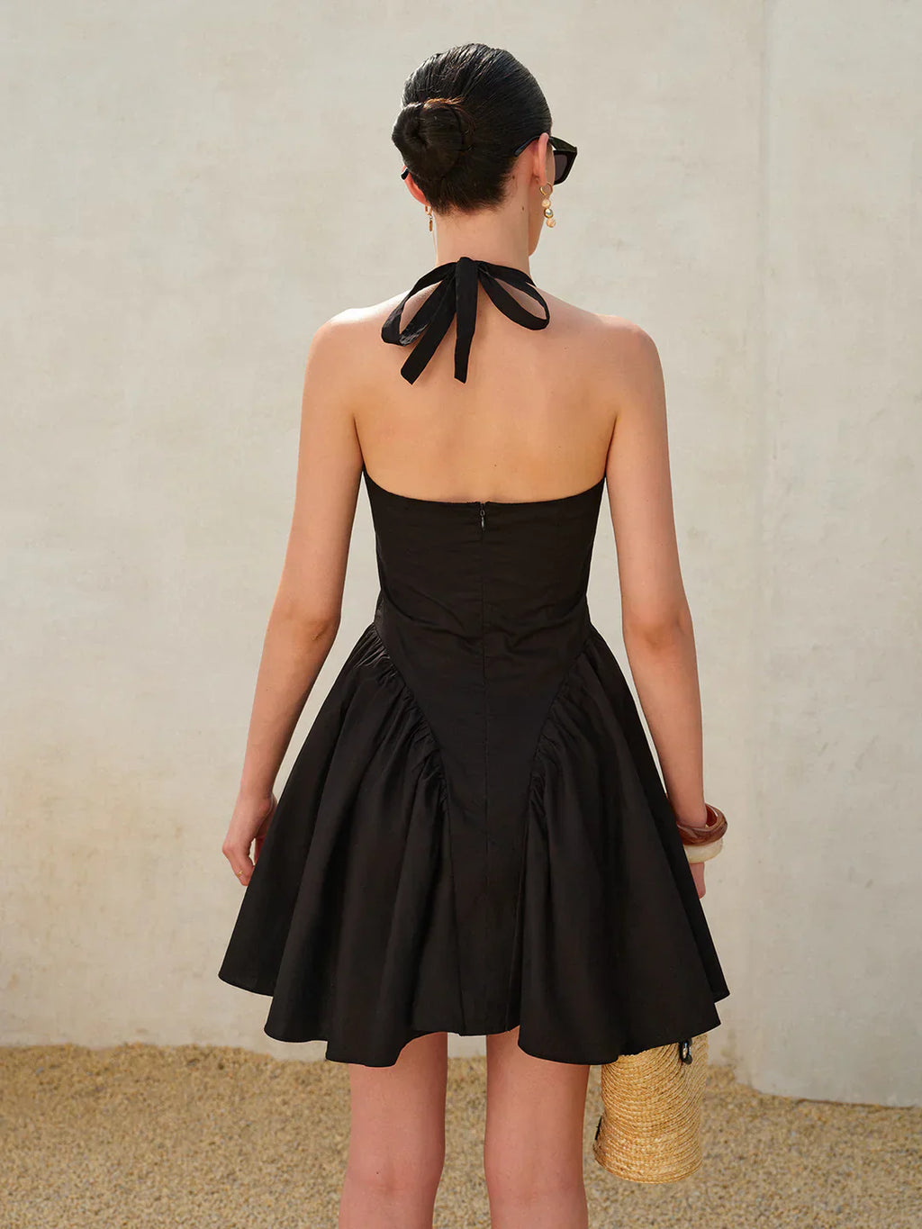Timeless Black Bow Tie Pleated Halter Dress